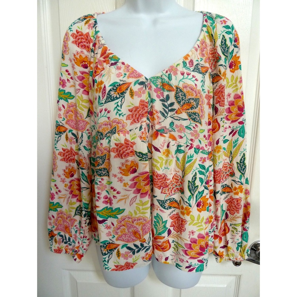 OLD NAVY Sz L 12/14 Gauzy Babydoll Pullover Blouse Colorful Balloon Sleeves